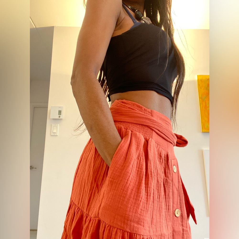NWT High waist Button Down Cotton Maxi Skirt with Sash waist tie in Rust - Picture 5 of 8